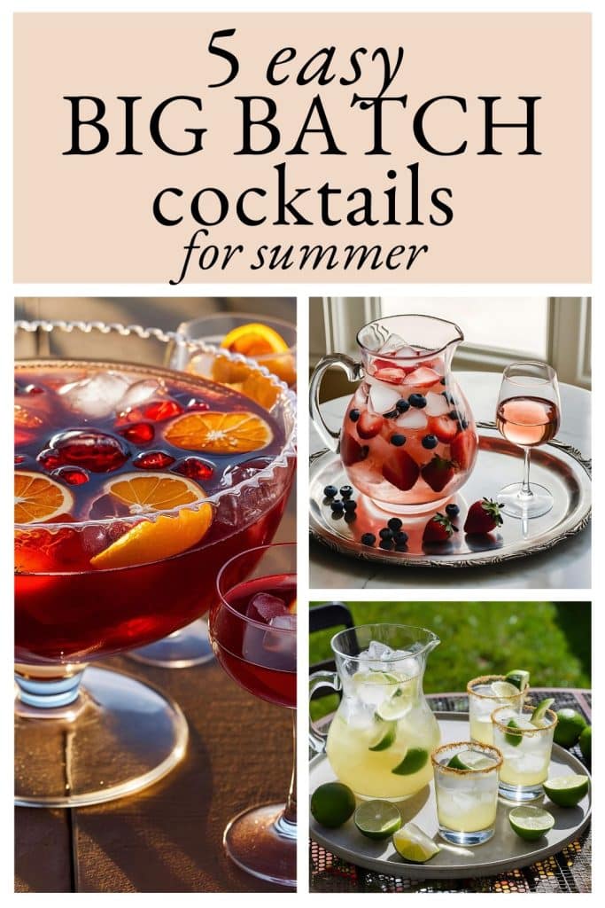a collage of large batch cocktails including negroni sbagliato punch, rose sprizer and margita punch