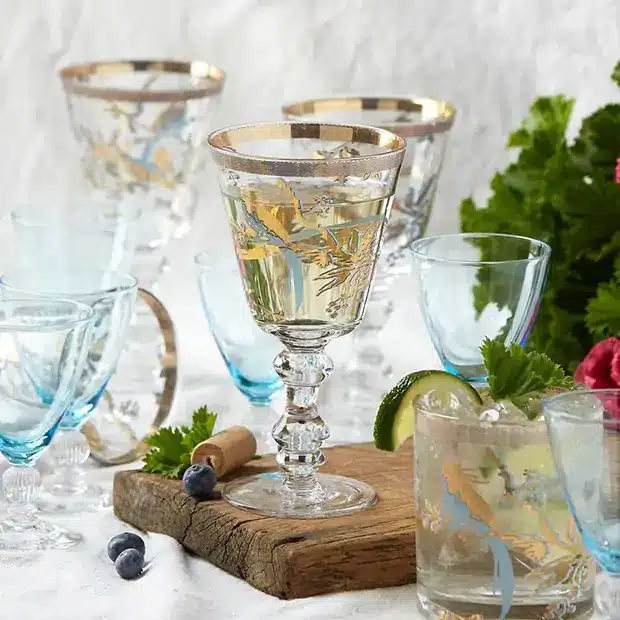 antique gold etched goblet glasses for a witchy bar cart