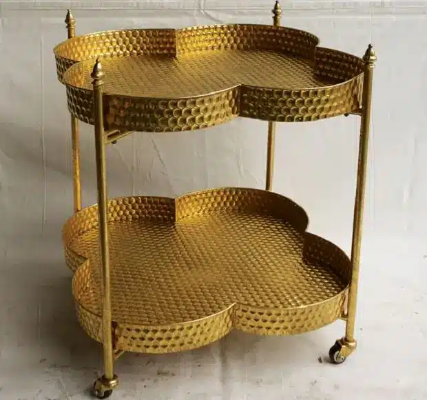 vintage gold bar cart with 2 tiers and clover shaped shelf