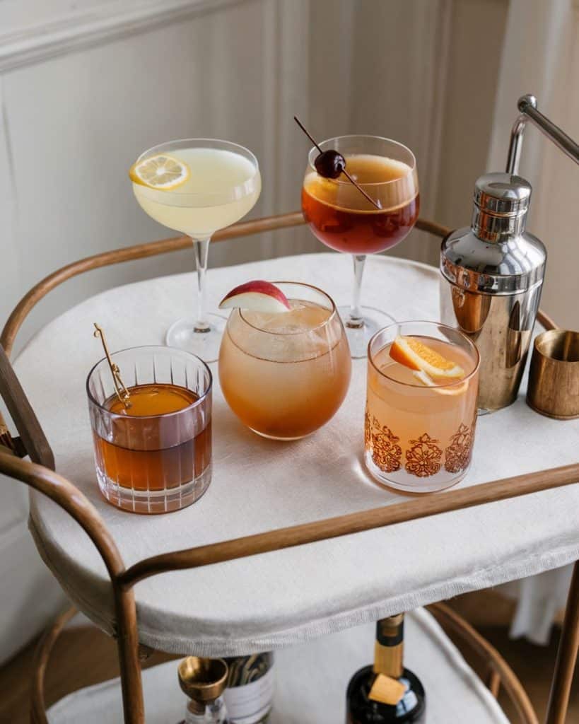 5 fall themed cocktails on a bar cart including fall punch, pear cocktail, cinnamon cocktails, and an old fashioned drink