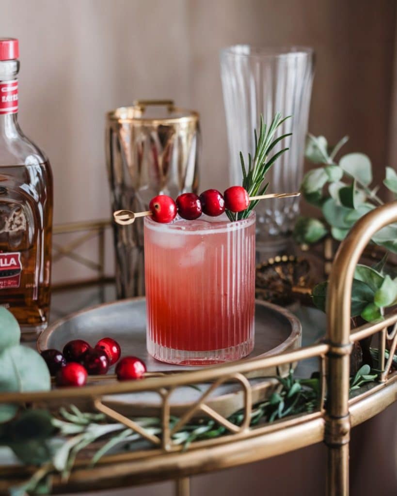 christmas margarita cocktail made with cranberry juice on a christmas bar cart