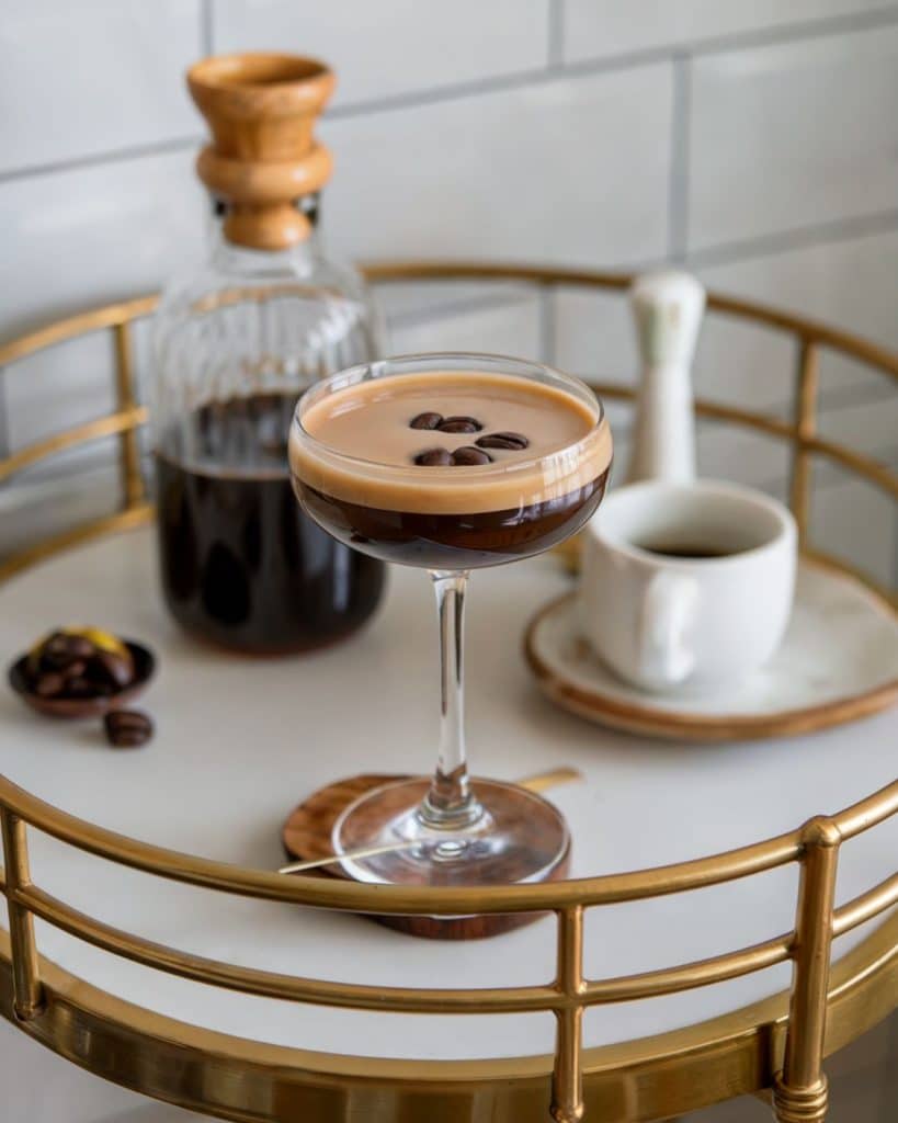 dairy free espresso martini on a japandi bar cart, next to a container of coffee