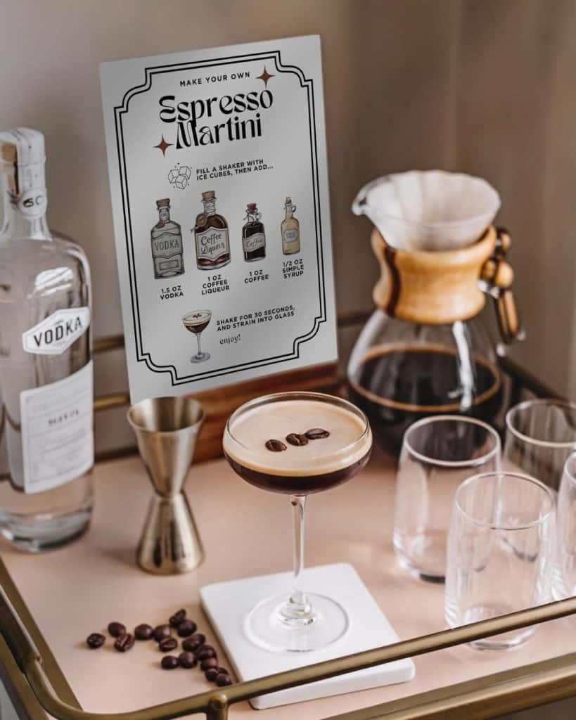 DIY espresso martini station for a home bar with a cocktail recipe sign