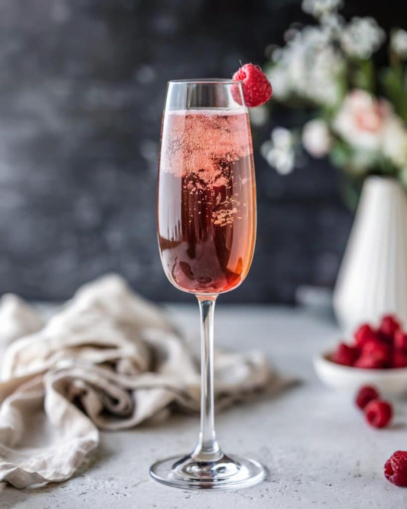A Kir Royale cocktail in a flute on a table next to a bowl of raspberries, showcasing a chic option for pink cocktails recipes.