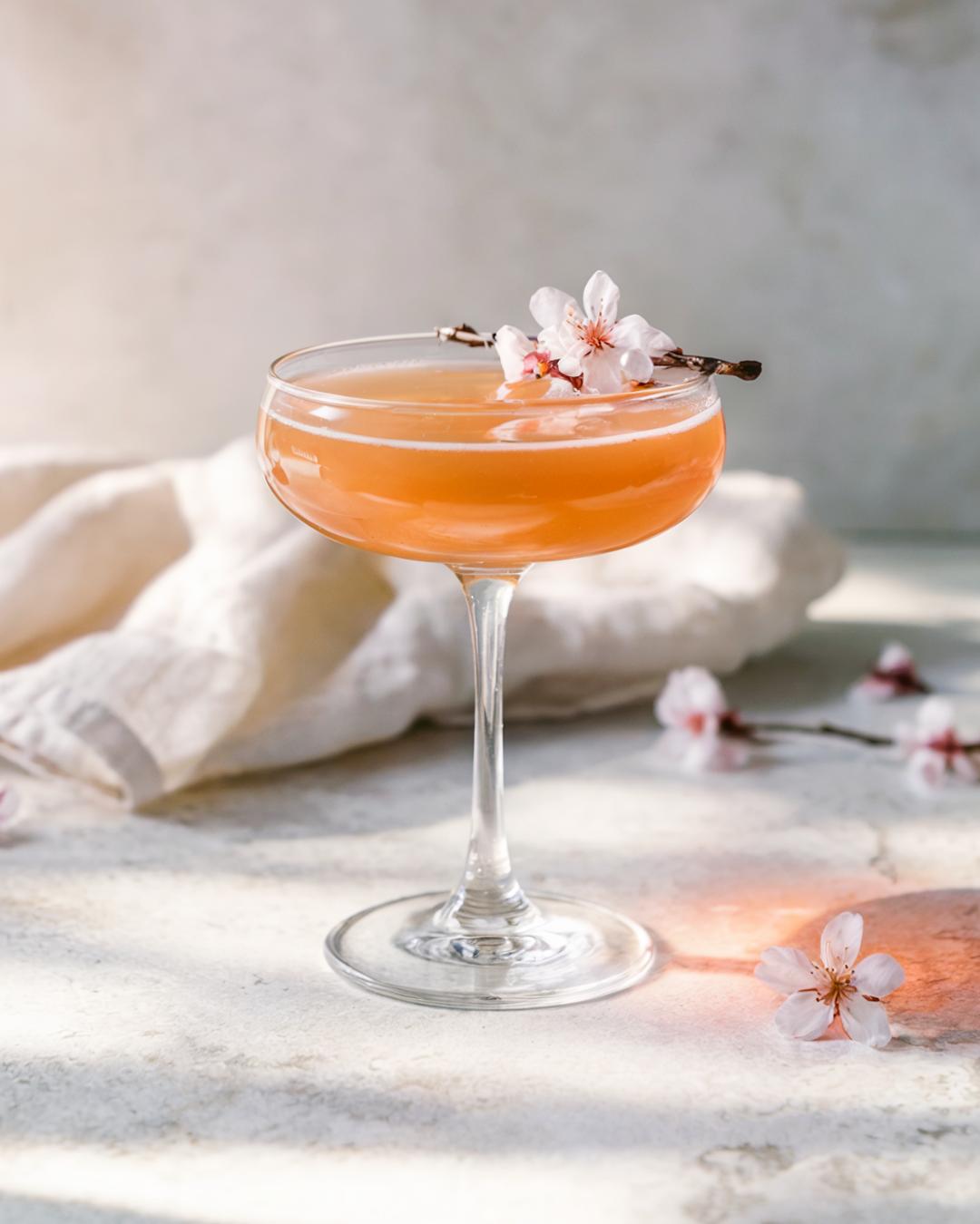 A fresh and colorful cherry blossom cocktail with a creative garnish, perfect for hosting cocktail party ideas and stylish spring event themes.