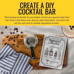 a printable espresso martini recipe card lays on a wooden cutting board near coffee beans at a DIY cocktail station