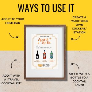 A decorative Aperol Spritz station sign with a watercolor recipe card, complementing a champagne cocktail bar.